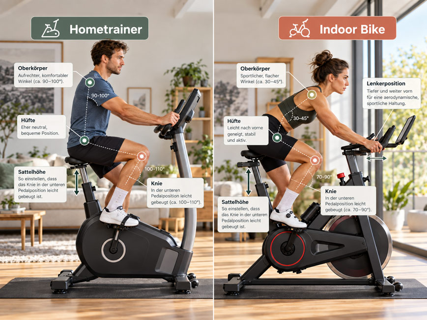 Hometrainer und Indoor Bike im Vergleich Vergleich der Sitzposition auf Hometrainer und Indoor Bike mit aufrechter und sportlicher Fahrhaltung