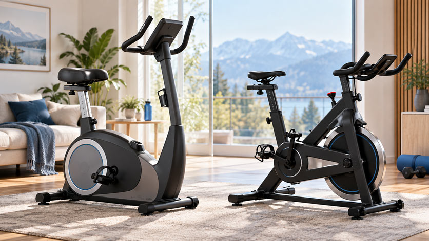 Hometrainer und Indoor Bike nebeneinander in einem modernen Wohnzimmer als Vergleich der beiden Trainingsgeräte für zu Hause