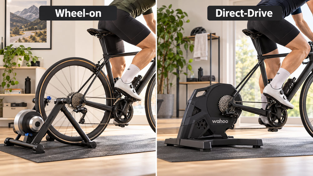 Vergleich von Wheel-on-Rollentrainer und Direct-Drive-Trainer mit montiertem Hinterrad links und Direktantrieb rechts